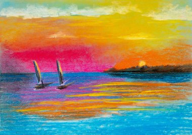 Yelkenli, manzaralı, pastelli deniz batımı