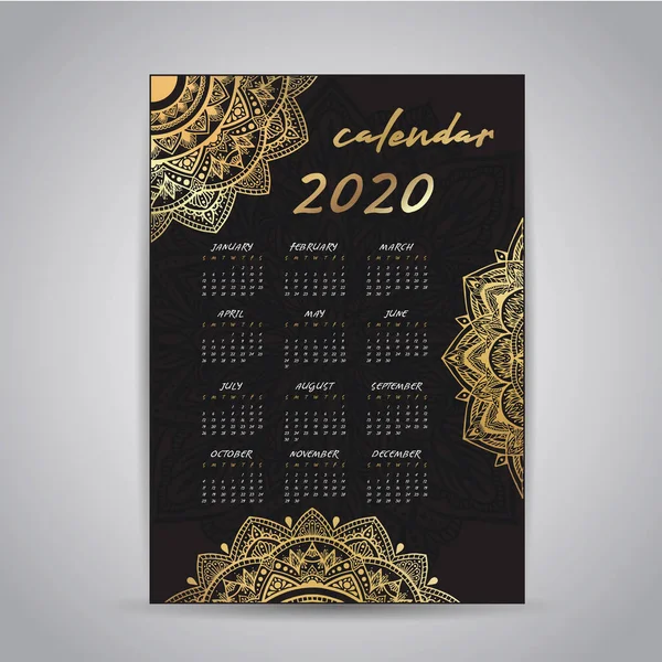 Calendário para o novo 2020 com uma mandala dourada — Vetor de Stock