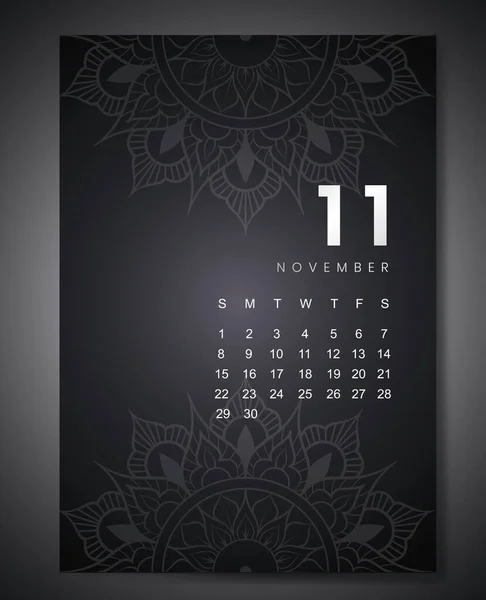 Novembro 2020 calendário mensal com belo design mandala. Ornamento de padrão redondo para planejador de eventos de férias — Vetor de Stock