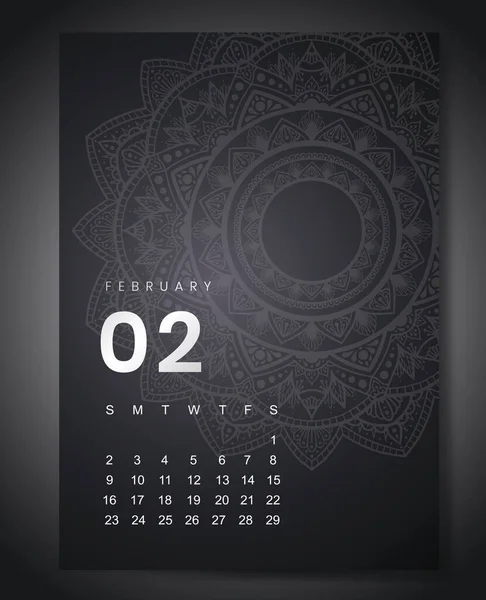 Fevereiro 2020 calendário mensal com belo design mandala. Ornamento de padrão redondo para planejador de eventos de férias — Vetor de Stock