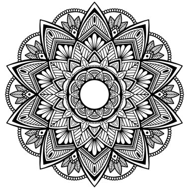 Beyaz ve siyah soyut çiçekli mandala. Mehndi için vektör illüstrasyon mandala, dövme, dekor, kına, kartpostal, kapak. Yoga şablonu. Tasarım Boyama Kitabı Sayfası Anti Stres