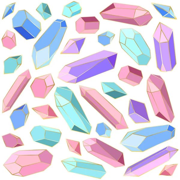 Mavi, turkuaz, mor ve pembe renkli bir vektör kristalleri seti, el mücevherleriyle çizilmiş altın bir hat. — Stok Vektör