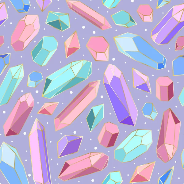 Mooi naadloos patroon met handgetekende magische gekleurde kristallen met een gouden omtrek, vectorillustratie — Stockvector