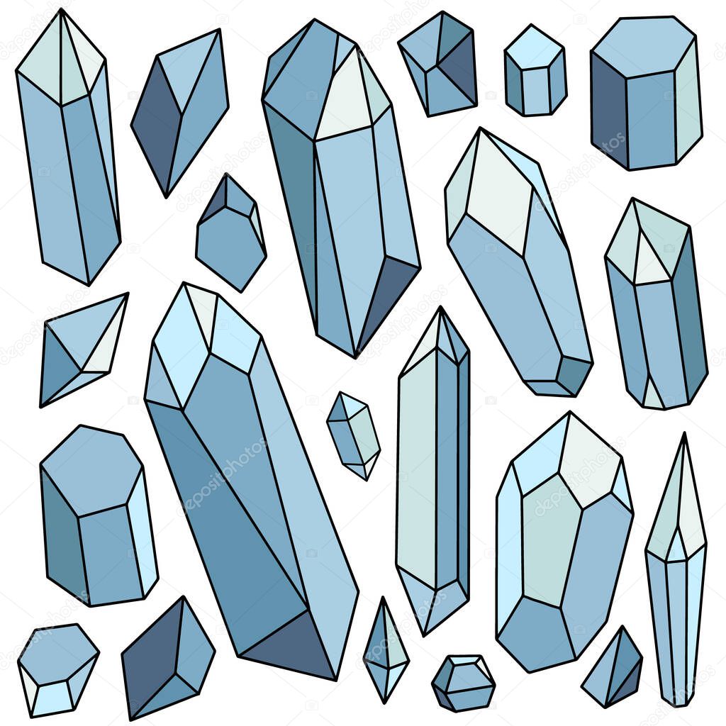 Vector set of blue crystals, hand-drawn stones, magic element, occultism, item for witchcraft