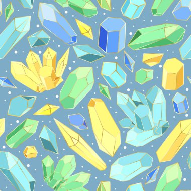 Elle çizilmiş sihirli kristallerle kusursuz bir desen. Altın çizgili, vektör resimli.