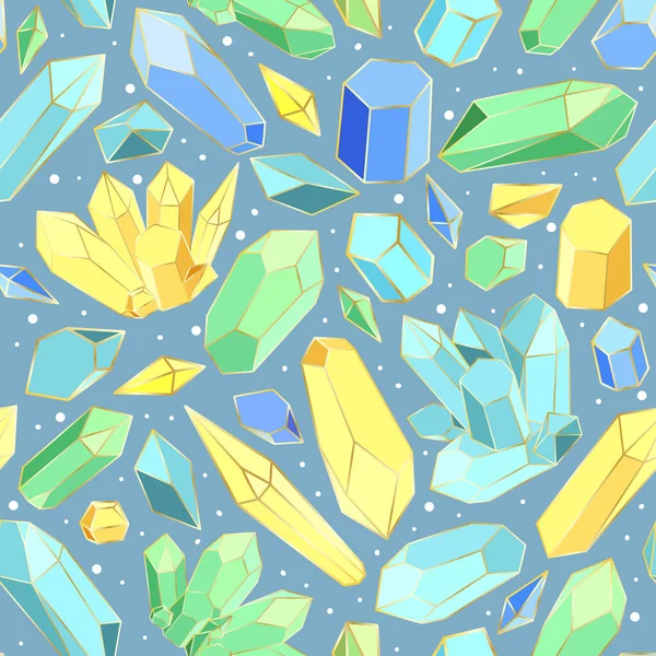 Vackra sömlösa mönster med handritade magiska färgade kristaller med en gyllene kontur, vektor illustration — Stock vektor