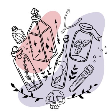 El çizimi, farklı cam şişeler ve kavanozlarda farklı iksir malzemeleri bulunan sihirli bileşenler.