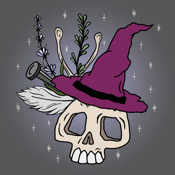 Colorful vector illustration with a skull in a witchs hat and magical things around. Perfect for tattoos, textiles — Stock Vector