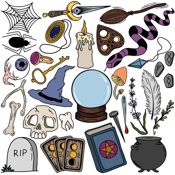 Векторный набор волшебных элементов ведьм для колдовства — стоковый вектор