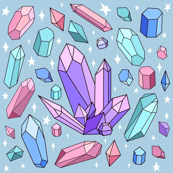 Renkli Kristaller Değerli Taşlardan Oluşan Büyük Bir Vektör Kümesi — Stok Vektör