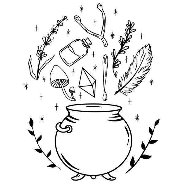 Vector boceto en blanco y negro de un conjunto de objetos mágicos para hacer una poción mágica con un caldero — Vector de stock