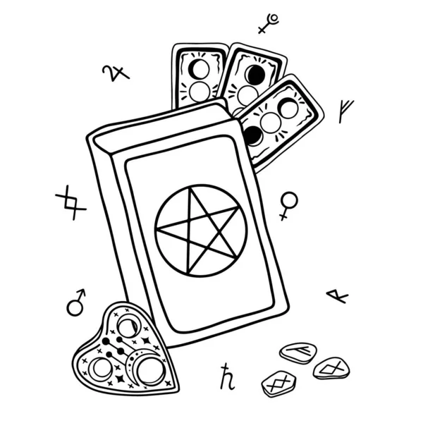 Sihirli bir kitabın, Tarot kartlarının ve rünlerin siyah-beyaz taslağı. — Stok Vektör