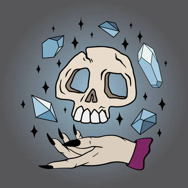 Векторная иллюстрация руки ведьмы с левитацией черепа и кристаллов. Идеально подходит для татуировок, текстиля, загадок — стоковый вектор