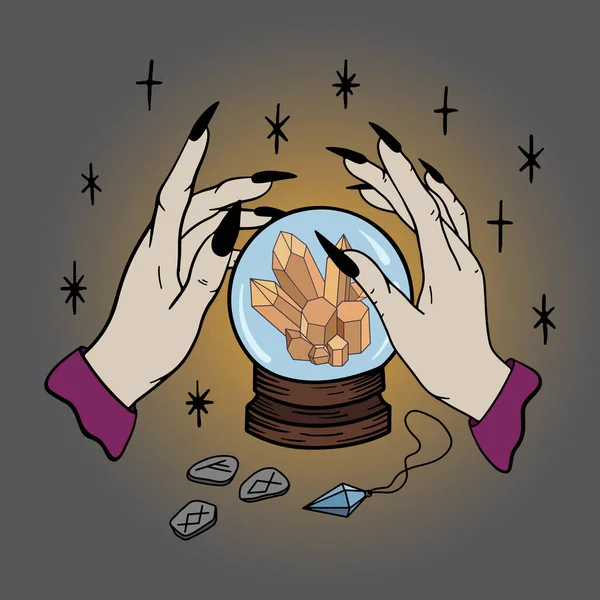 Illustrazione colorata di una mano di streghe con una palla di divinazione con un cristallo all'interno, rune e un amuleto — Vettoriale Stock
