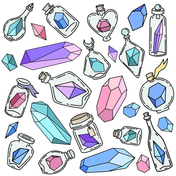 Vector set of bottles with crystals. Witch bottles with colored minerals. Magic stone — Stock Vector