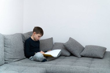 Tecrit edilmiş çocuk evdeki kanepede karantina kitabı okuyor. Uzaktan öğrenme ve karantina eğitimi. Koronavirüs salgını. Kendini izole etme, ev karantinası. Evde uzaklık öğrenimi.