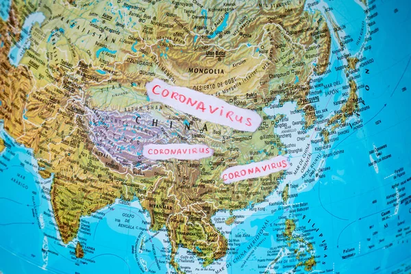 Map of China coronavirus contagion epidemic threat. COVID19 contagion in China. Planetary image. Globe view from space.