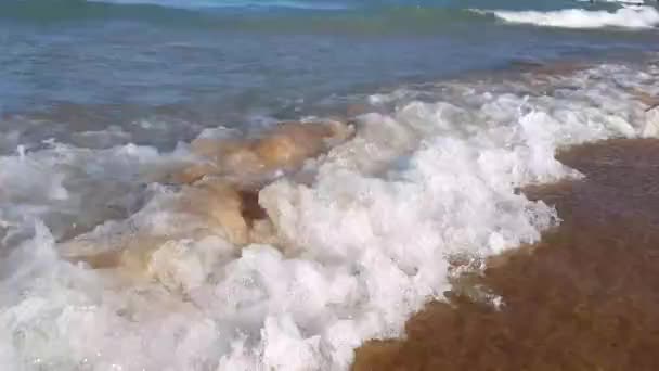 小さな波が海の砂の海岸でビート 携帯電話ビデオ — ストック動画