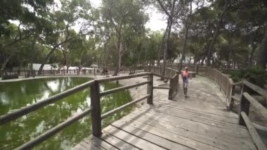 Guardamar del Segura, Costa Blanca, İspanya - 30 Temmuz 2019: Reina Sofia Parkı. Çocuk göl köprüsündeki parkta yürüyor..