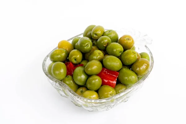 Olive Marinate Piccola Ciotola Trasparente Olive Verdi Sottaceto Sfondo Bianco — Foto Stock