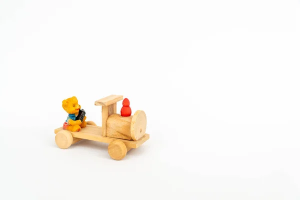Wooden Toy Yellow Locomotive Teddy Bear Wooden Train White Background — Stock Photo, Image