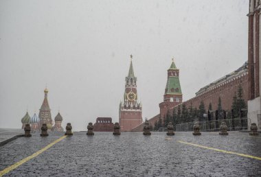 Moscow, Russia, April 5, 2020. Coronavirus Quarantine, Covid-19, in Moscow Snow over Red Square clipart