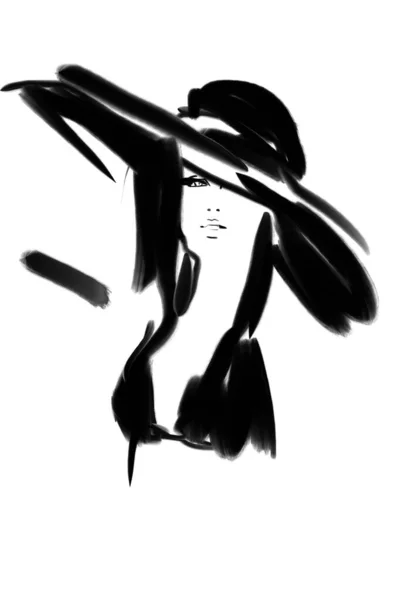 Abstract Fashion Illustration Art Woman Very Large Hat Painting —  Fotos de Stock