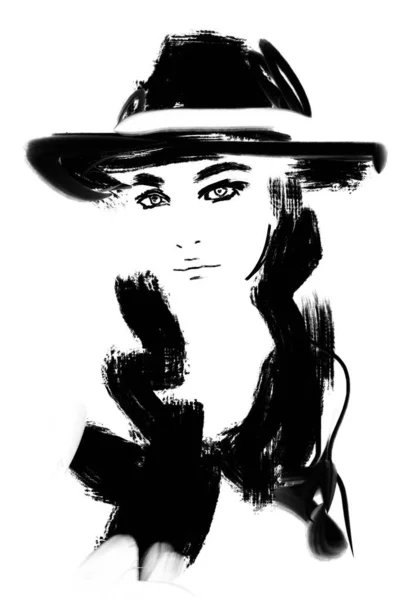 Abstract Fashion Illustration Art Woman Very Large Hat Painting — Foto de Stock