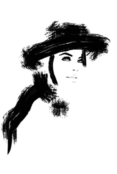 时尚插图艺术妇女与非常大的帽子画 — 图库照片