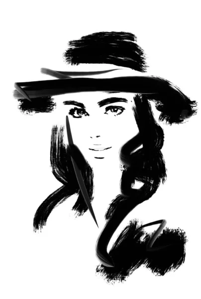 Abstract Fashion Illustration Art Woman Very Big Hat Painting — Stock Photo, Image