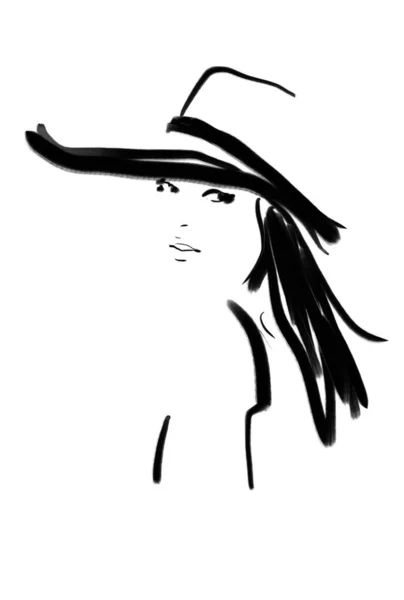 概要ファッションイラストアート女性とともに非常に大きな帽子絵 — ストック写真