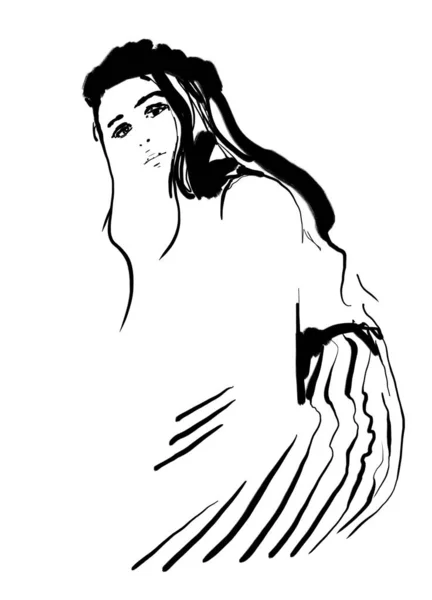 时尚女性黑白插图 抽象艺术肖像手绘 — 图库照片