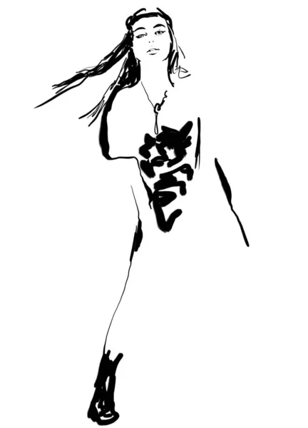 Модная Женщина Черно Белая Иллюстрация Абстрактный Портрет Написанный Вручную — стоковое фото