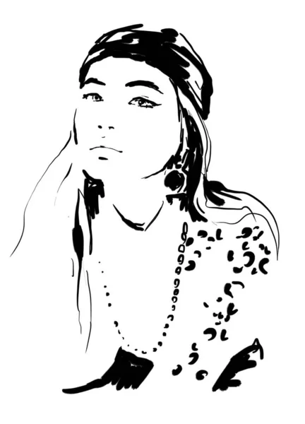 Модная Женщина Черно Белая Иллюстрация Абстрактный Портрет Написанный Вручную — стоковое фото