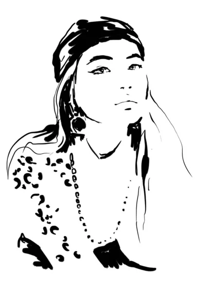 Kobieta Mody Czarno Białe Ilustracji Streszczenie Sztuki Portret Ręcznie Malowane — Zdjęcie stockowe