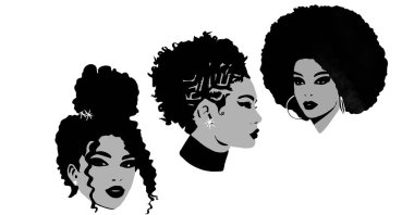 Afro saçlı kadın. Şirin siyah Afrikalı kadın. Sevimli siyah moda kızı yaşam tarzı çizimi