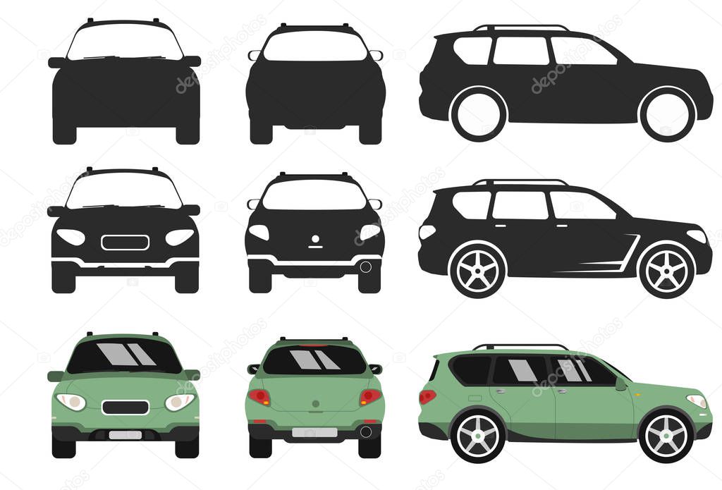 Car Type and Model Objects icons Set . Vector illustration isolated on white background. Variants of automobile body silhouette for web. Side, front, back view
