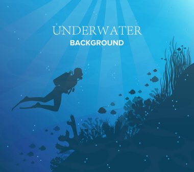 Silhouette of coral reef with fish and scuba diver on a blue sea background. Underwater marine wildlife. Nature vector illustration clipart