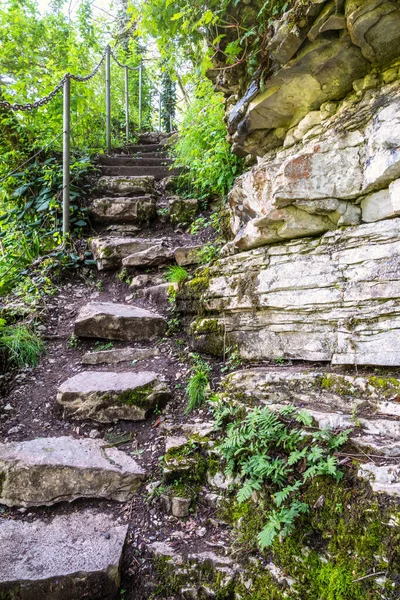 Path with steps carved into a sheer cliff.