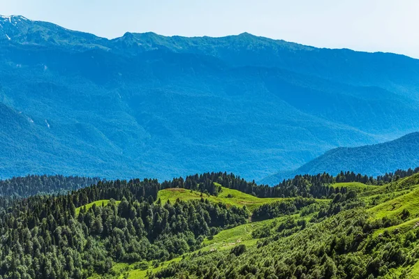 Die Aussicht Von Der Höhe Des Grünen Bergtales Umgeben Von — Stockfoto
