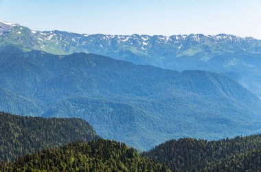 Yeşil dağ sırtları, yüksek dağlarla çevrili. Ufukta karla kaplı dağ zirveleri. Krasnaya Polyana, Sochi,, Rusya Federasyonu.