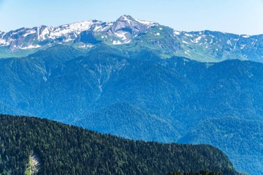 Yeşil dağ sırtları, yüksek dağlarla çevrili. Ufukta karla kaplı dağ zirveleri. Krasnaya Polyana, Sochi,, Rusya Federasyonu.