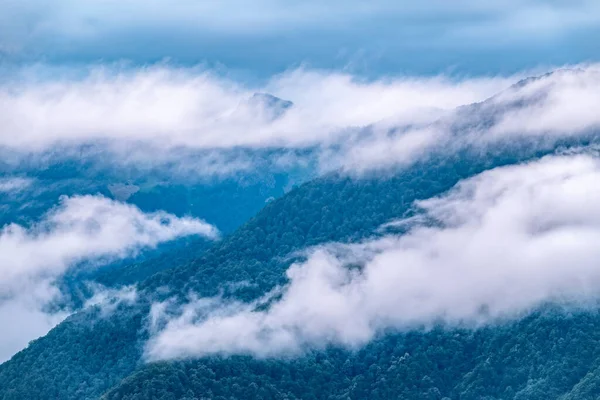 Alta Montaña Con Pendientes Verdes Escondidas Espesas Nubes Niebla Niebla — Foto de Stock