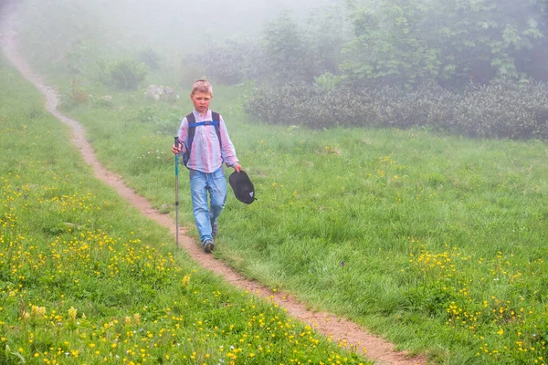 Menino Viajante Com Postes Caminhada Caminha Longo Caminho Encosta Verde — Fotografia de Stock