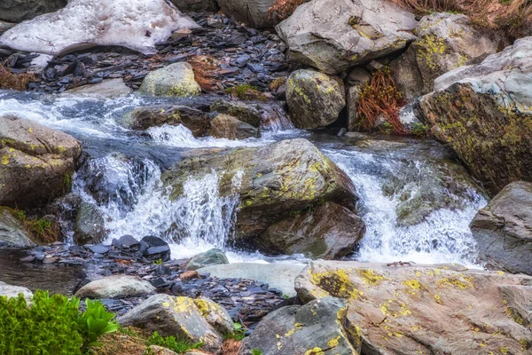 Yaz Günü Kayaların Eriyen Karların Arasında Akan Dağ Deresi Dağlardaki — Stok fotoğraf