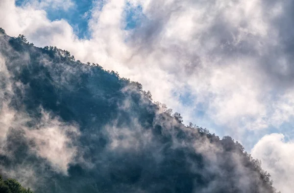 Altas Montañas Con Pendientes Verdes Rocas Escondidas Densas Nubes Niebla — Foto de Stock
