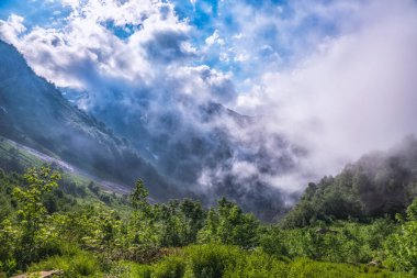 Yoğun sis ve dağ geçidinde bulutlar. Bulutlu bir yaz ya da bahar gününde dağlarda yeşil bitki örtüsü. Yazın yüksek dağlarda eriyen bir kar tabakası.