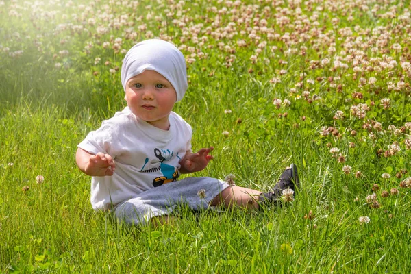 快乐的小男孩坐在绿草如茵的田野里 小男孩的肖像在绿油油的草坪上嬉戏 小男孩走在绿油油的草坪上 — 图库照片