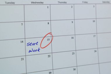 Çalışmaya başla, takvimdeki kelimeler. Yeni kariyer, yeni iş, yeni başlangıç