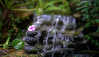 Üstünde pembe bir çiçek olan bir yığın zen taşı. Sulu doğa.